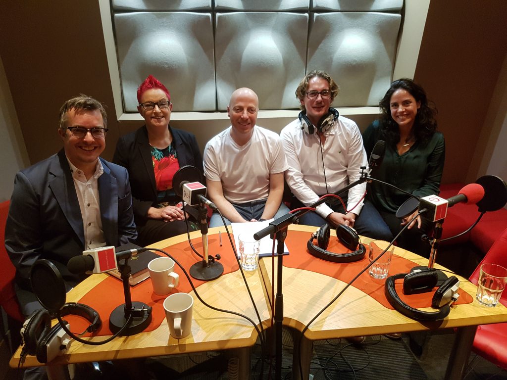Photo of show guests - Jeremy Waite, Dr Sue Black OBE, Russell Goldsmith, Brendon Craigie and Ellen Raphael